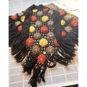 Vtg GrannySquare Poncho Shawl Cape Handmade Crochet Boho Hippie Fringe Knit 70s